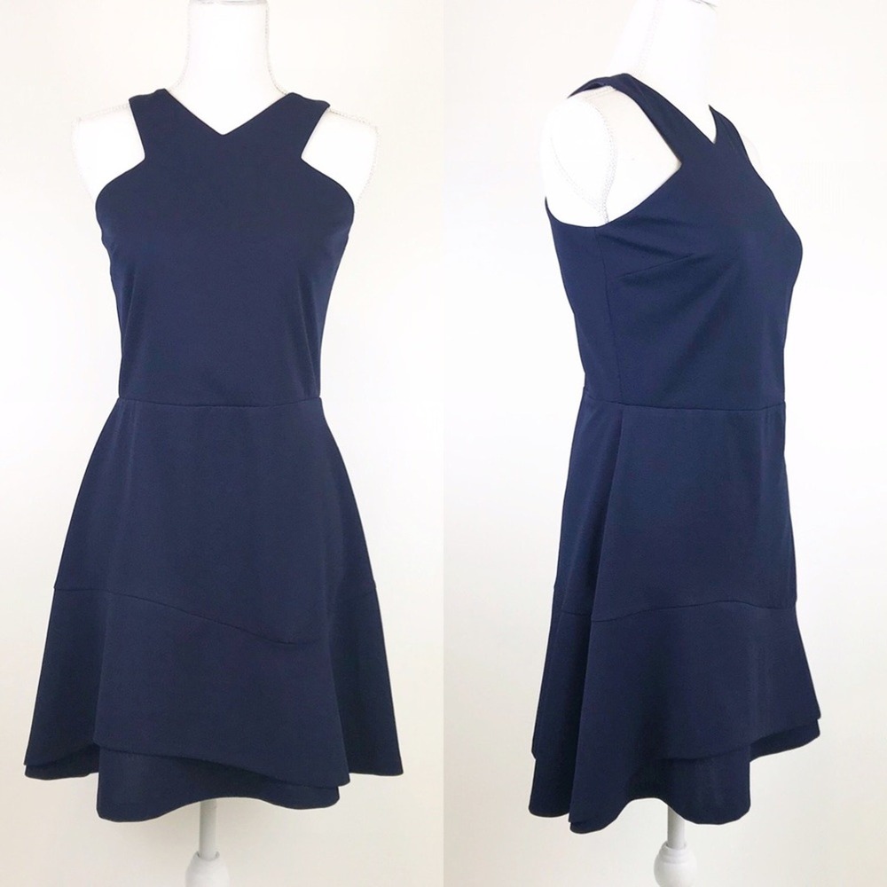 Love Ady Navy Fit & Flare Dress Sleeveless V-Neck Tiered Skirt Mini